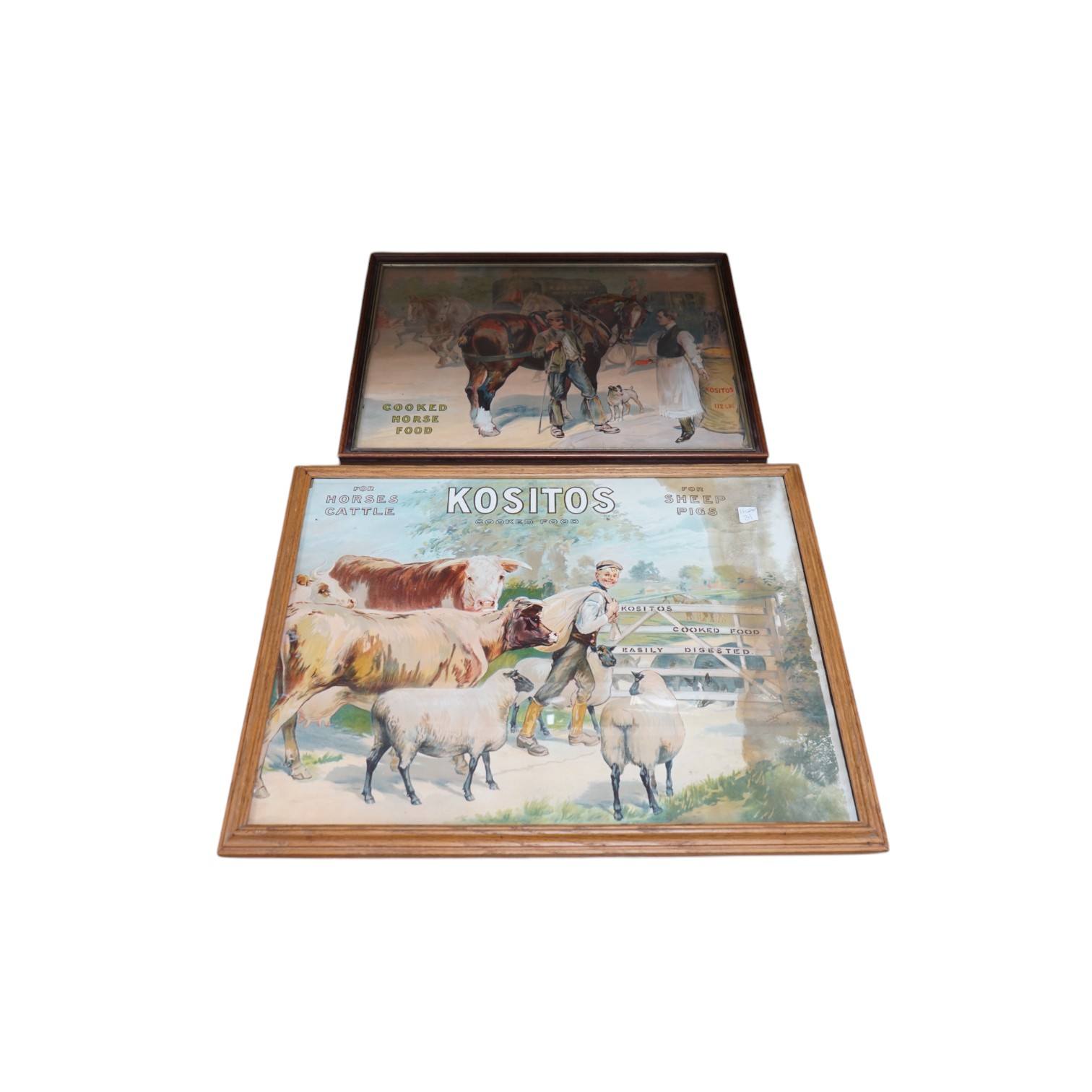 Two ‘Kositos’ chromolithograph adverts for cooked horse, cattle, sheep and pig food, largest 49cm wide, 36cm high. Condition - good